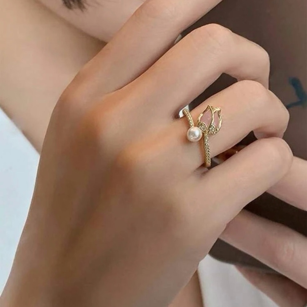 Gold Pearl Open Band Ring with Leaf Accent - Women Jewelry